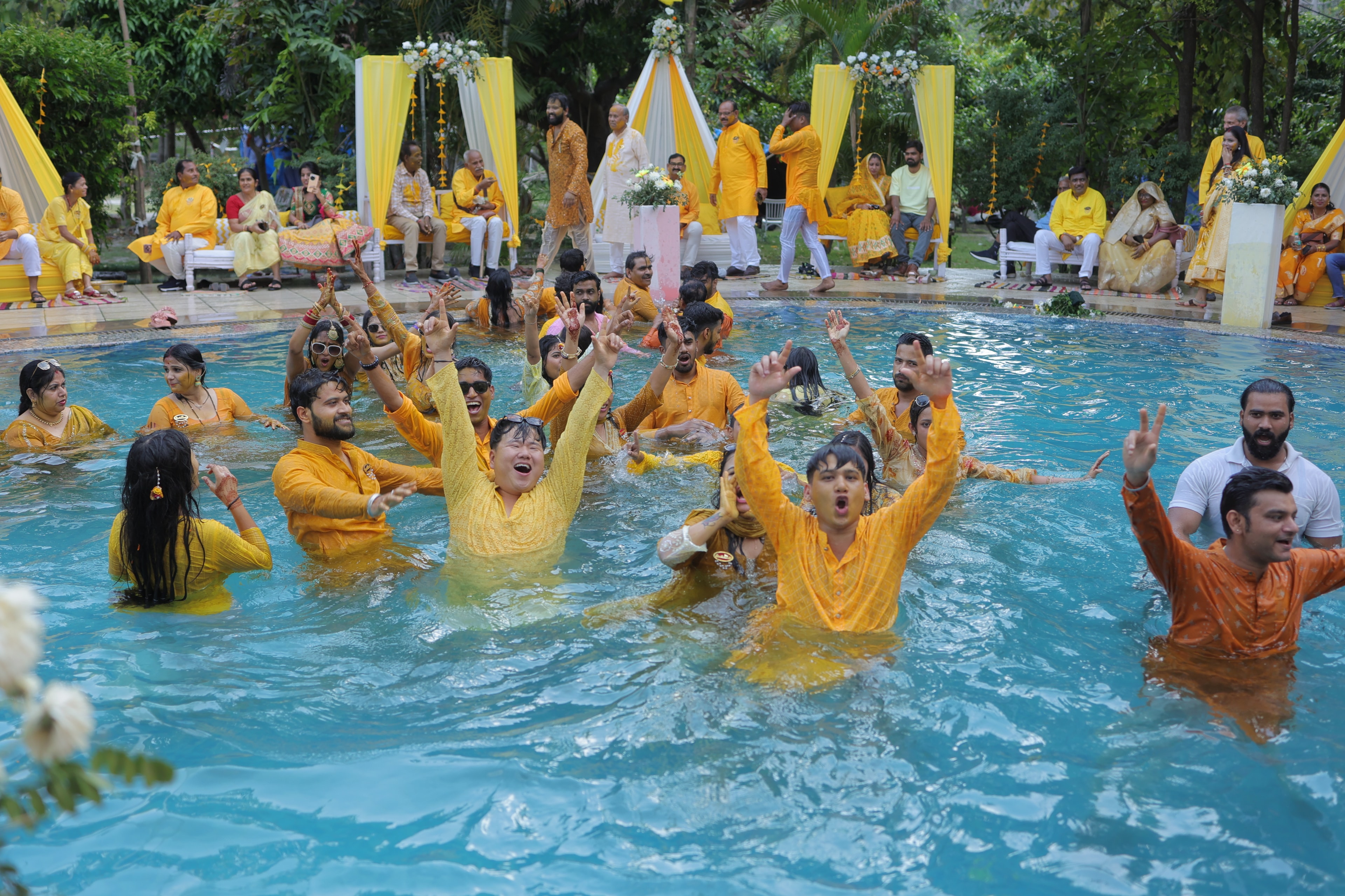 Vibrant Haldi ceremony at Jim Corbett with 200 guests in yellow attire
